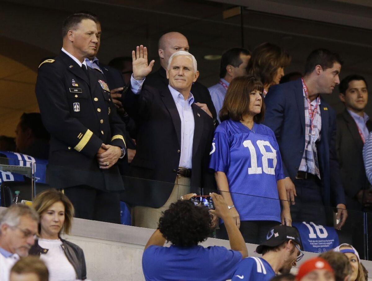 Vice President Mike Pence is seen at a football game between the Colt and 49ers in Indianapolis on Oct. 8.