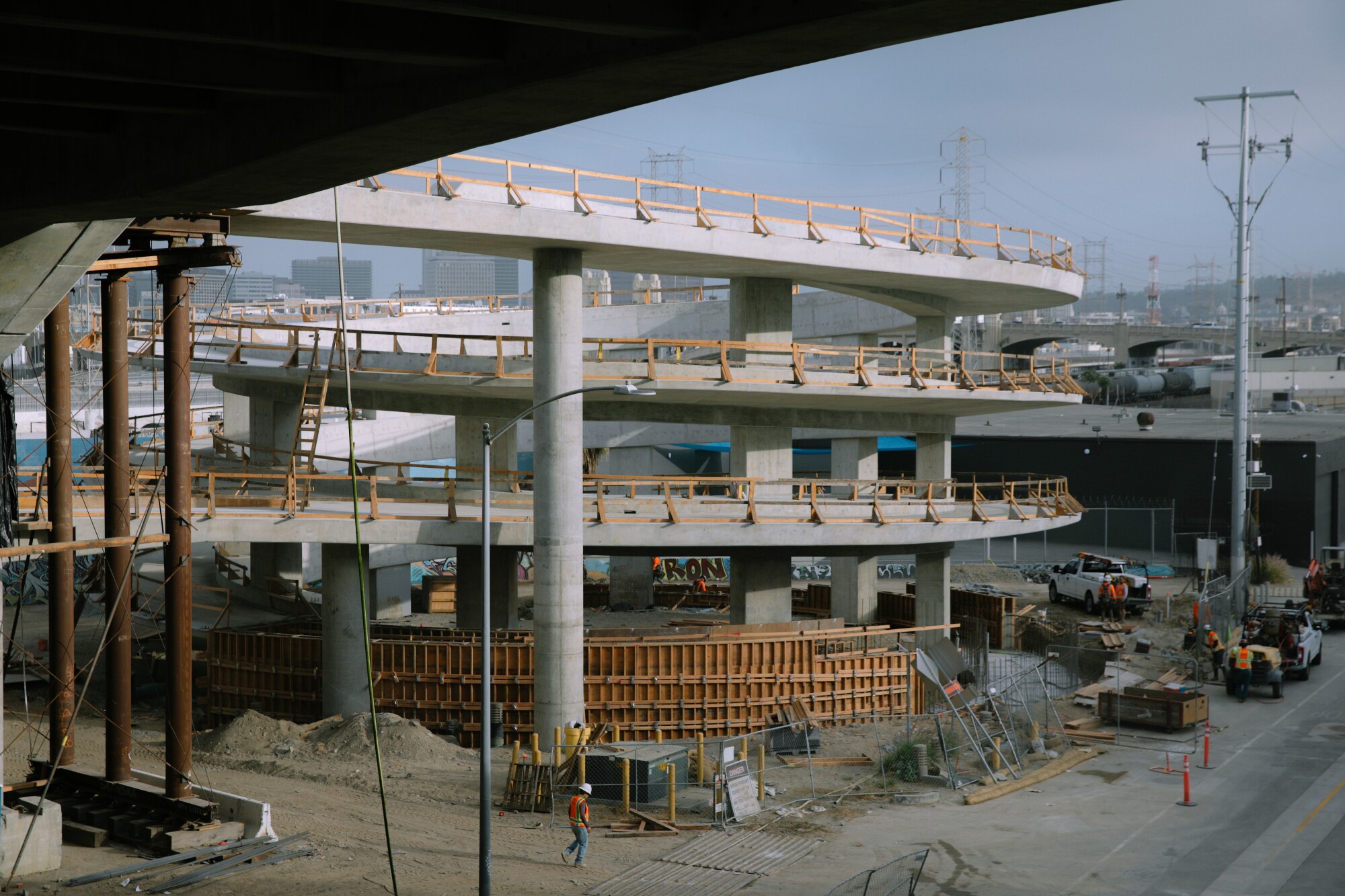 A side view of the spiral ramp attached to the 6th Street Viaduct nearing completion.