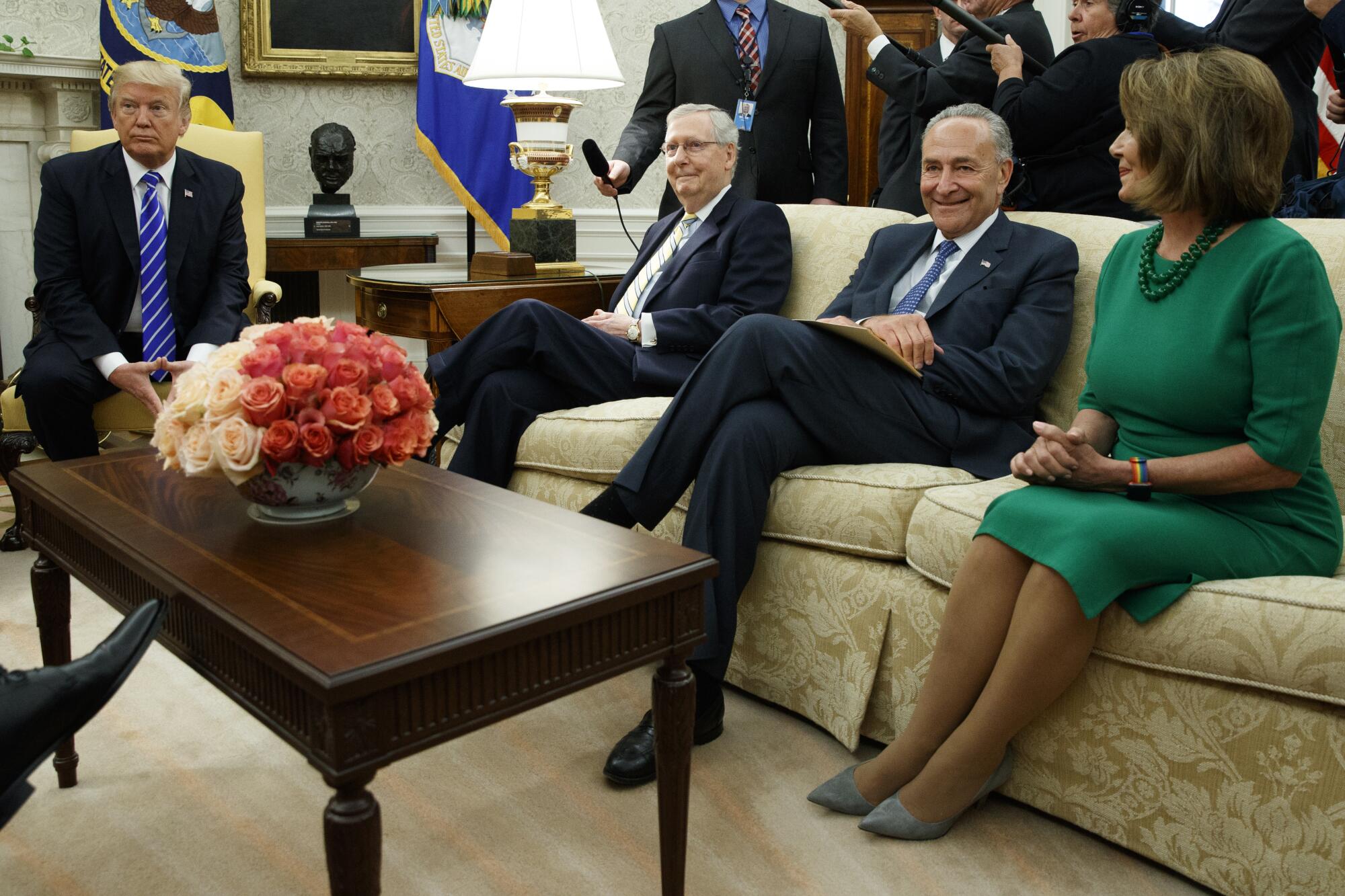 President Trump meets with Mitch McConnell, Charles Schumer and Nancy Pelosi in the Oval Office on Sept. 6, 2017.