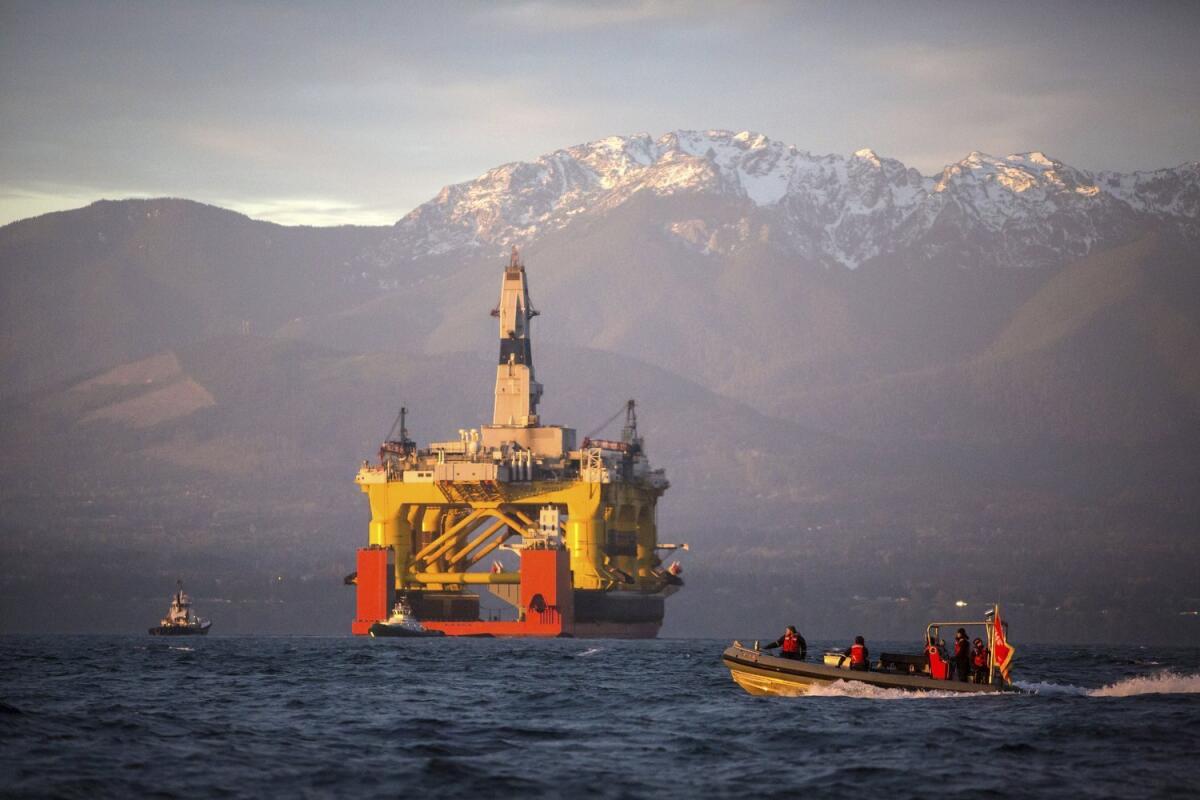 An oil drilling rig as it arrived in Port Angeles, Wash. in 2015 aboard a transport ship bound for exploratory drilling in the Chukchi Sea off Alaska's northwest coast.