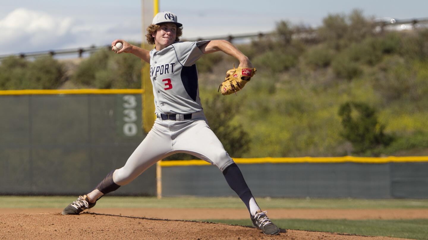 Newport Harbor High starter Aj Stefano pitches during the first inning against Sage Hill in a nonleague game on Tuesday. (Kevin Chang/ Daily Pilot)