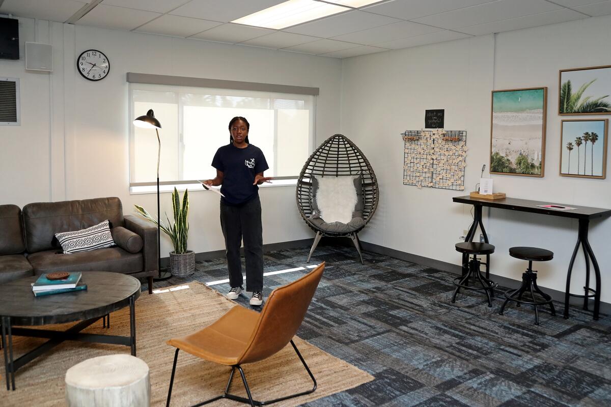 Eighth-grader Rylee Bradley speaks during a student-guided tour of the Student WellSpace at Marine View Middle School.
