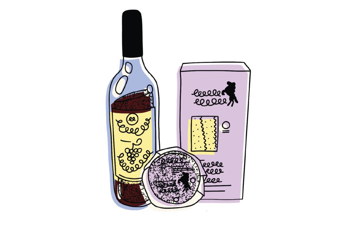 Illustration of a bottle of wine, cheese and crackers.