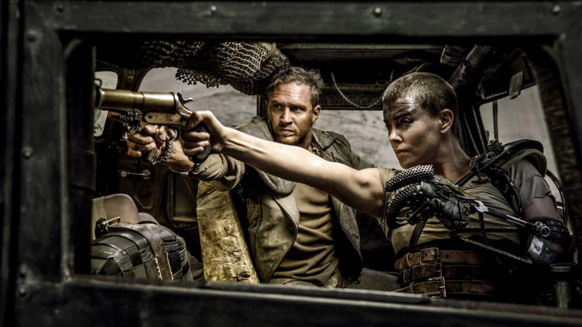 Tom Hardy and Charlize Theron in a scene from "Mad Max: Fury Road."