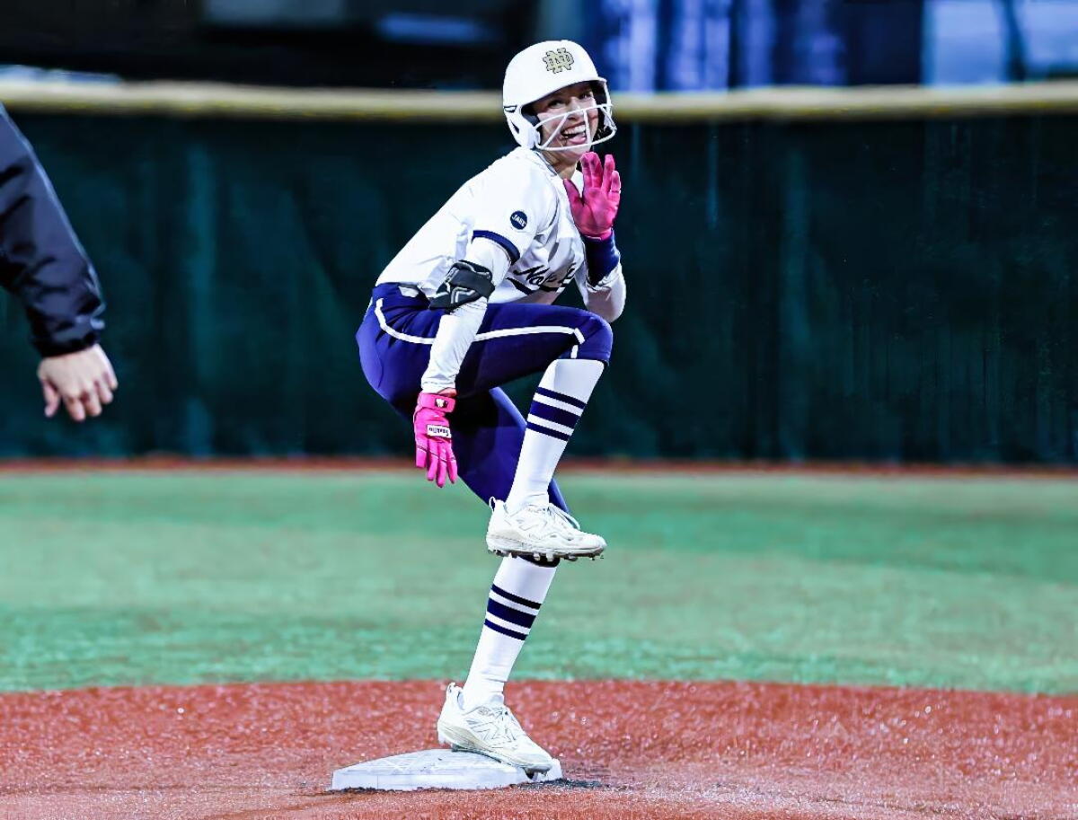 Haley Maldonado from Sherman Oaks Notre Dame celebrates after hitting a double.