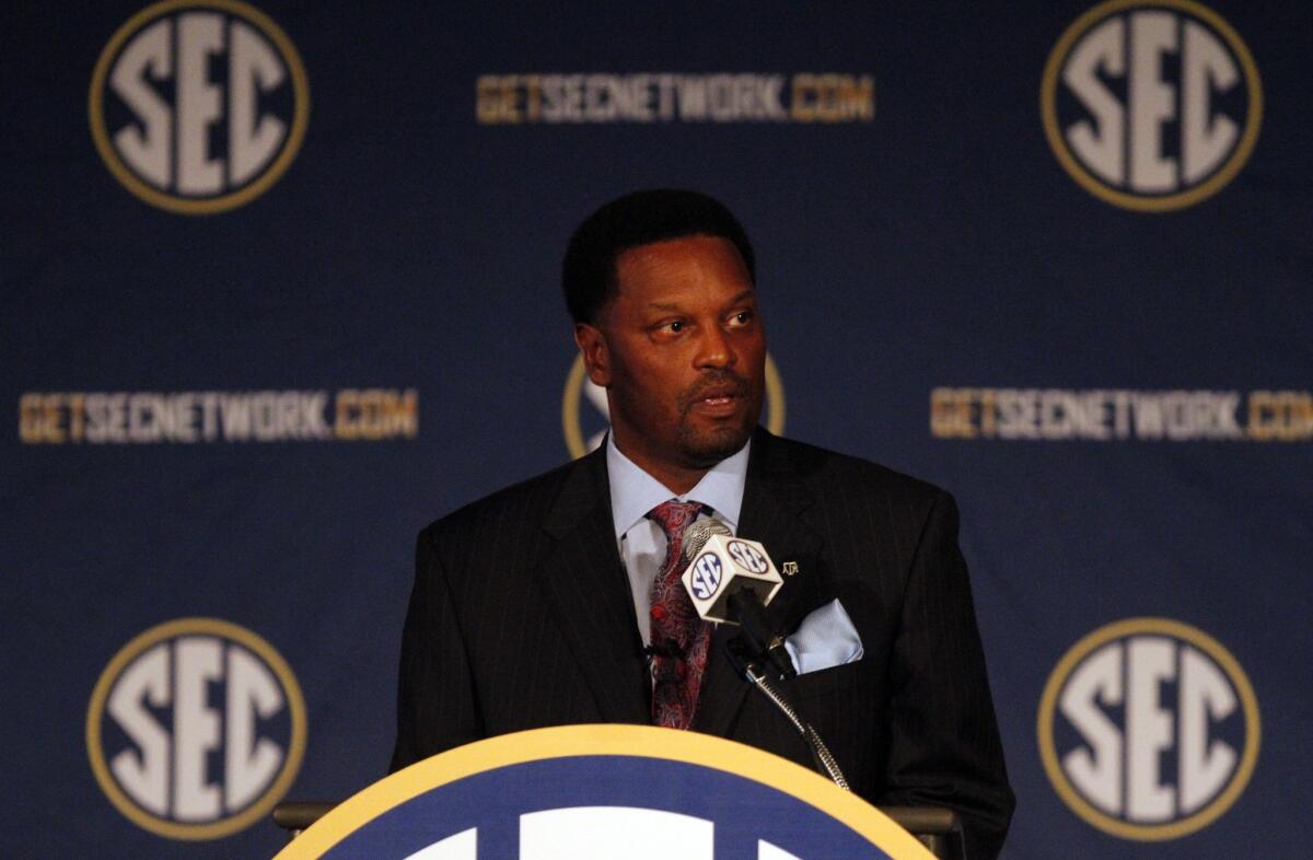 Texas A&M Coach Kevin Sumlin speaks at Southeastern Conference media days on Tuesday.