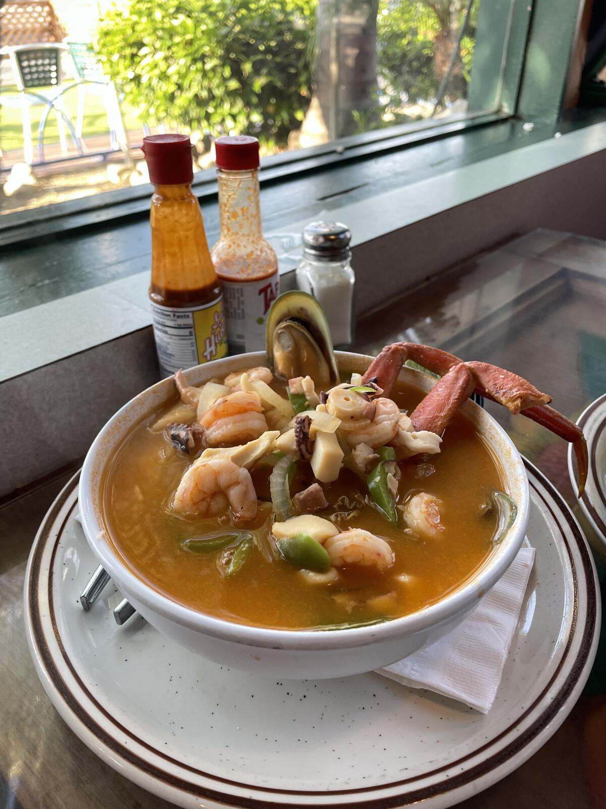 Ostioneria Bahia’s version of the soup, caldo siete mares, has seven kinds of seafood.