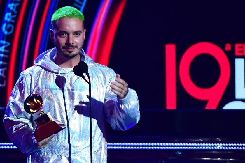 J Balvin accepts the award for Best Urban Music Album for 'Vibras' onstage during the 19th Annual Latin Grammy Awards in Las Vegas, Nevada, on November 15, 2018. (Photo by Robyn Beck / AFP)ROBYN BECK/AFP/Getty Images ** OUTS - ELSENT, FPG, CM - OUTS * NM, PH, VA if sourced by CT, LA or MoD **