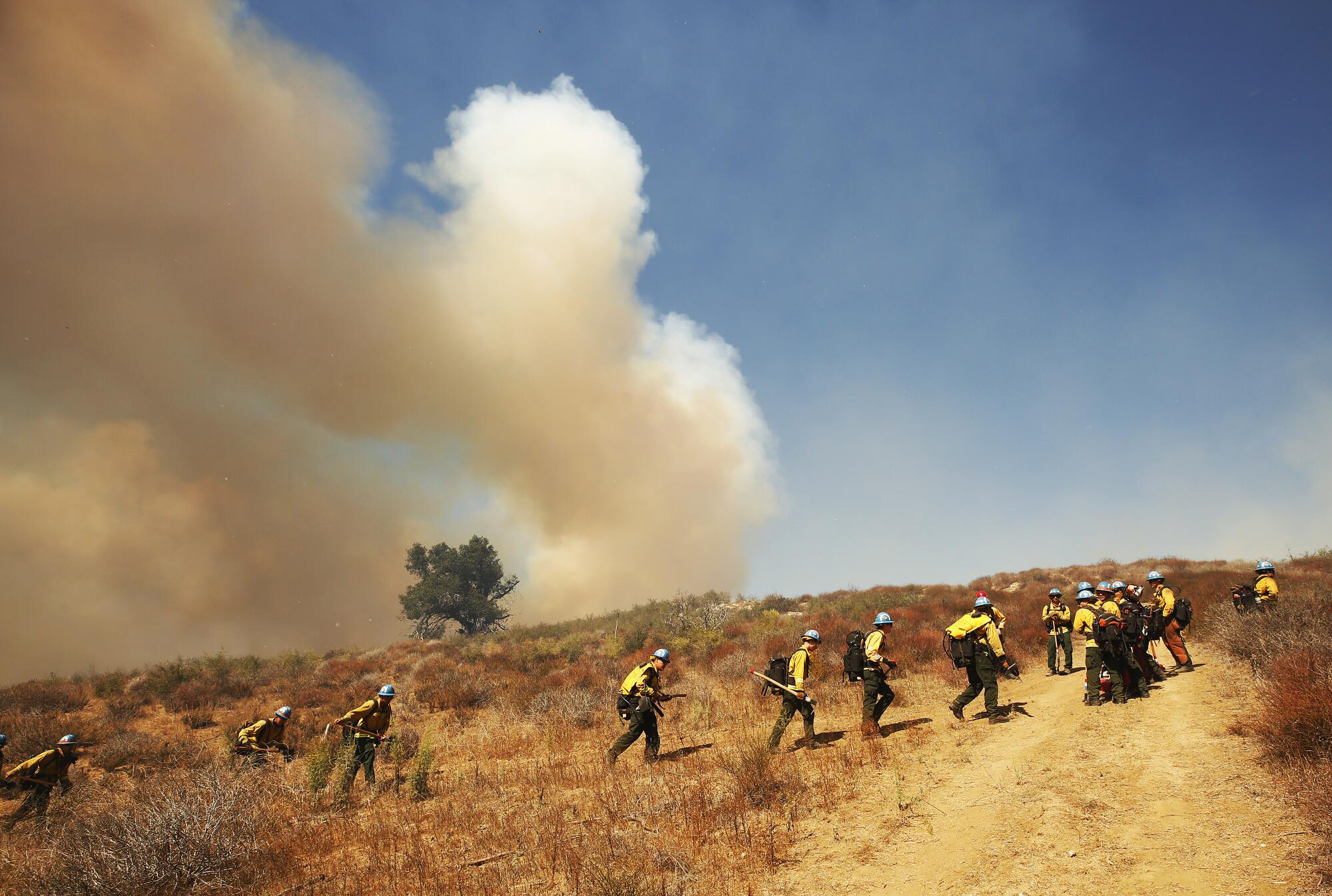 Firefighters from California Conservation Corps prepare as flames from the Alisal Fire move toward La Paloma Ranch.