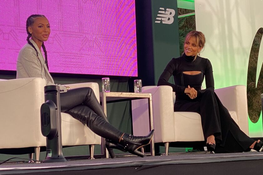 Malika Andrews (left) and Halle Berry discuss Berry's upcoming film "Bruised" at the ESPNW Summit on Oct. 18 in La Jolla.