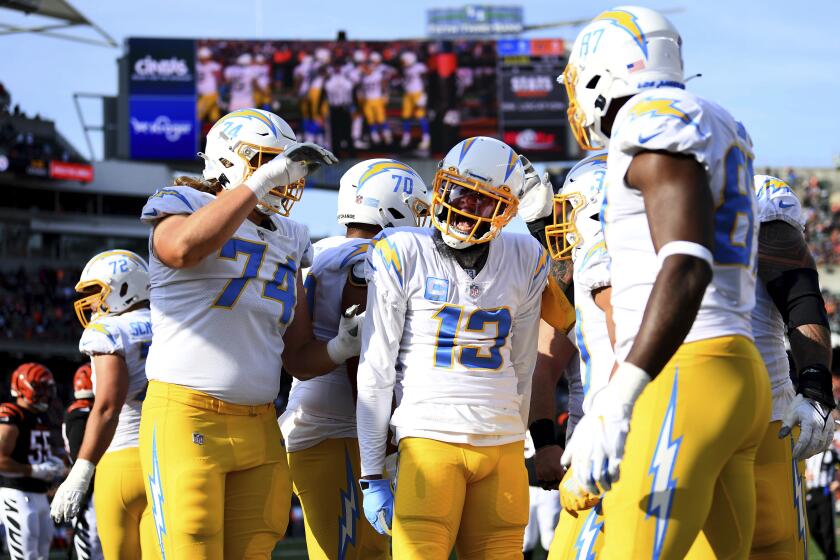 Los Angeles Chargers wide receiver Keenan Allen (13) celebrates his touchdown in the first half.