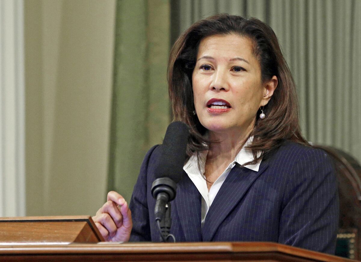 FILE - In this March 23, 2015, file photo, California Supreme Court Chief Justice Tani G. Cantil-Sakauye delivers her State of the Judiciary address at the Capitol in Sacramento, Calif. The Judicial Council of California voted earlier this year to halt eviction and foreclosure proceedings because of the coronavirus pandemic. Cantil-Sakauye announced Tuesday, Aug. 11, 2020, that the council would vote Thursday on whether to resume those proceedings on Sept. 1. (AP Photo/Rich Pedroncelli, File)