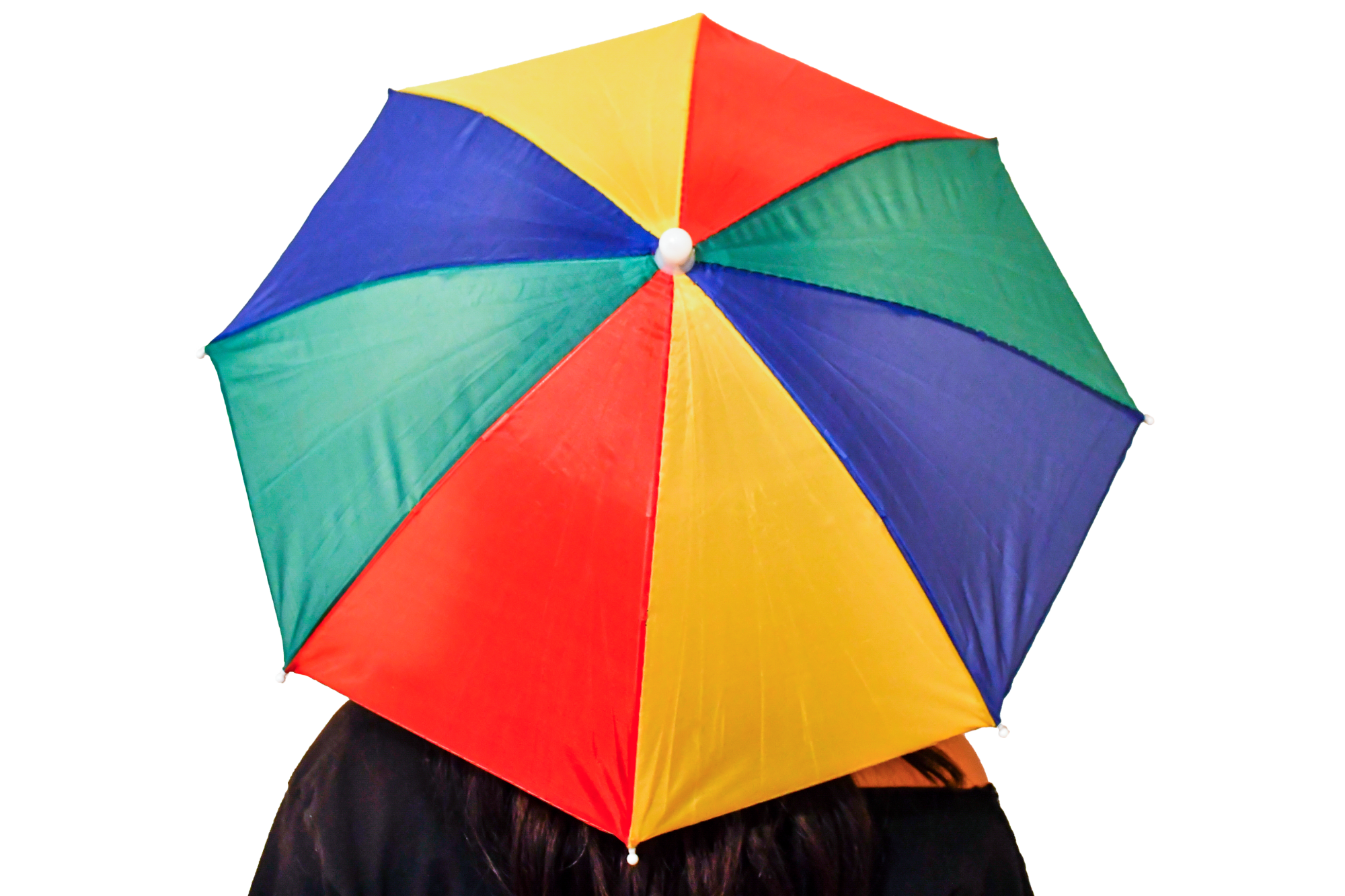 A multicolor umbrella hat obscures the person wearing it