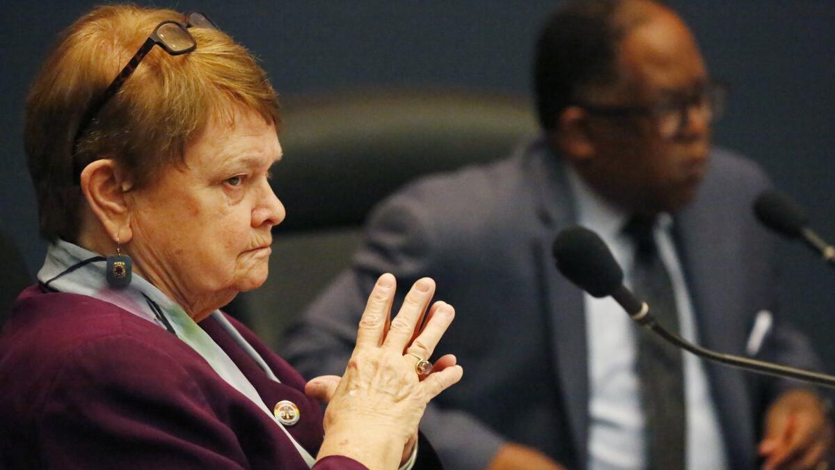 Los Angeles County Supervisors Sheila Kuehl and Mark Ridley-Thomas listen Tuesday to a plan to phase out the use of pepper spray at juvenile detention facilities. Instead of eliminating it by the end of this year, the department is asking to do it by September 2020.