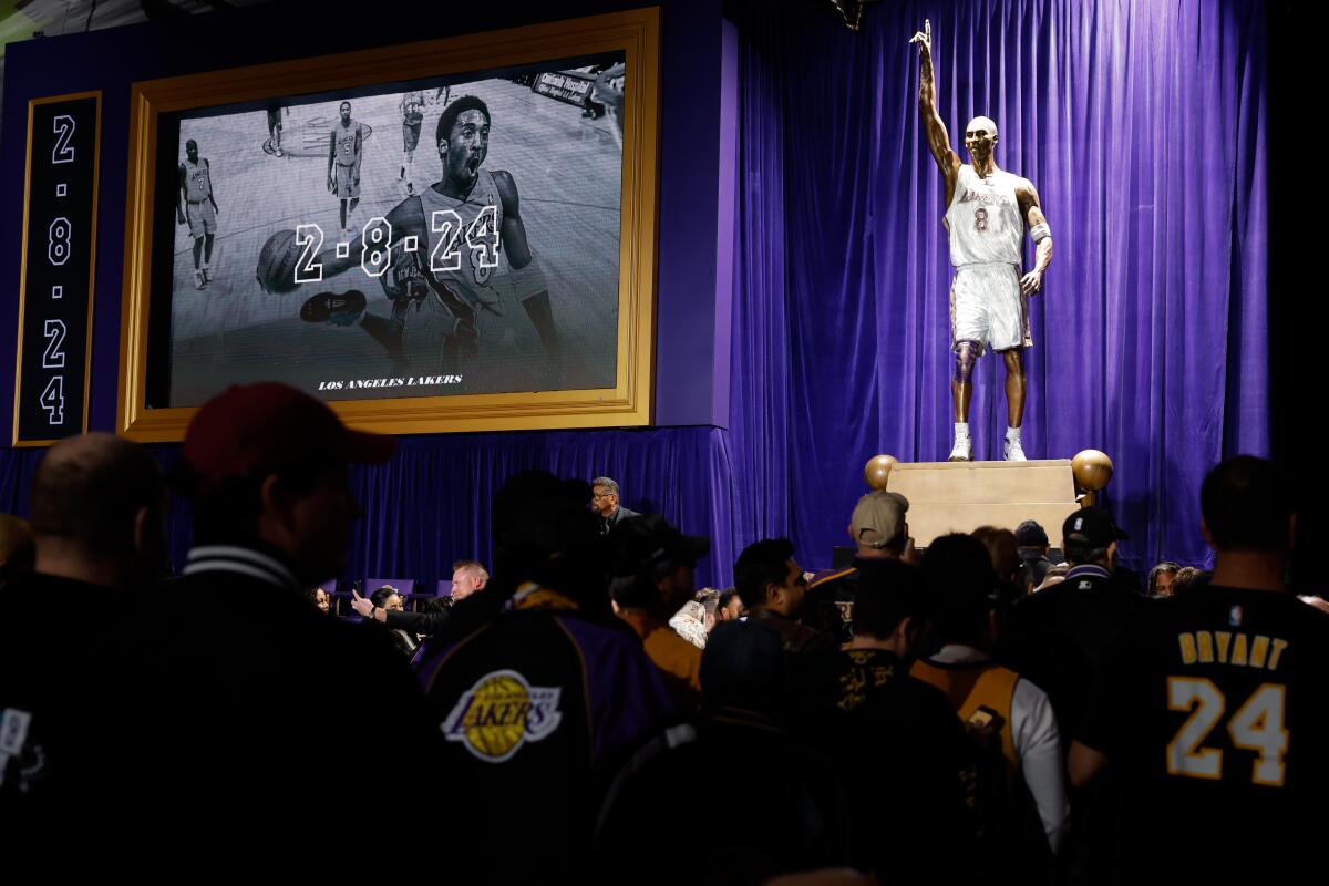 A statue of Kobe Bryant was unveiled during a ceremony outside Crypto.com Arena on Thursday.