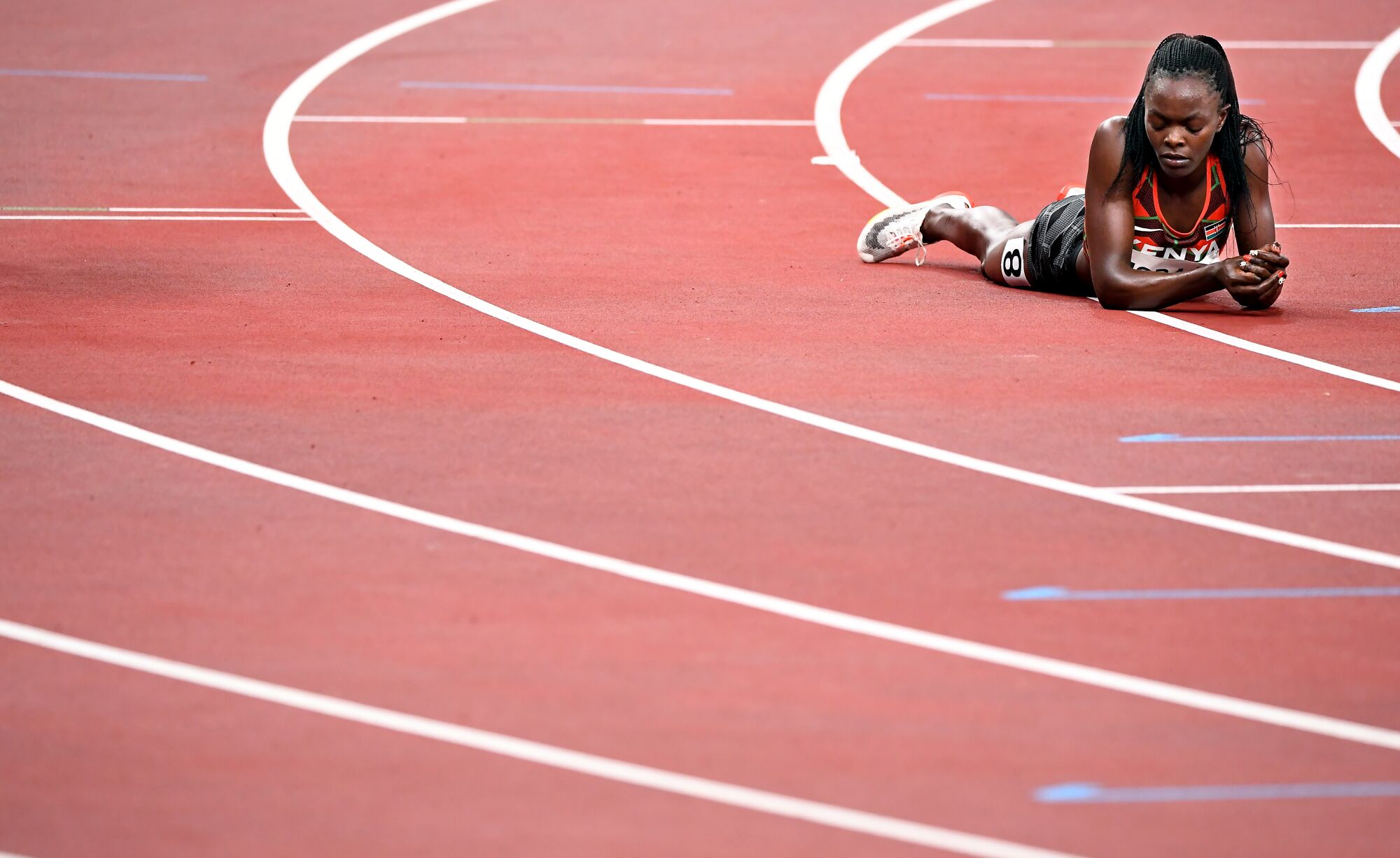 Kenya's Mary Moraa catches her breath after the women's 800m semi-final.