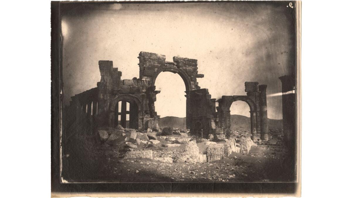 The historic ruins at Palmyra, Syria, captured in 1864 by Louis Vignes, a French naval officer trained in photography by pioneer Charle Nègre. Seen here: The Arch of Triumph and sections of the great colonnade.