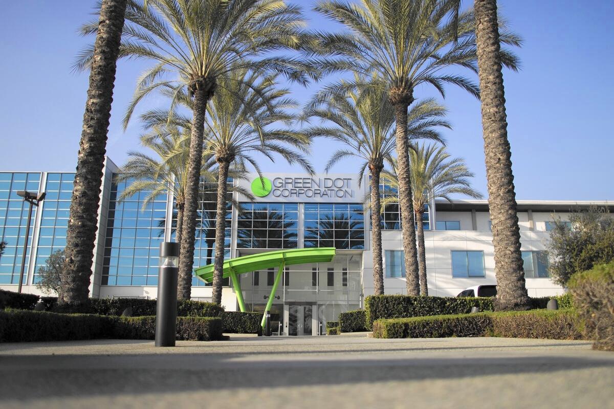 Green Dot, best known for its prepaid reloadable debit cards, also provides banking services with its GoBank mobile bank account. Above, the company's offices in Pasadena.