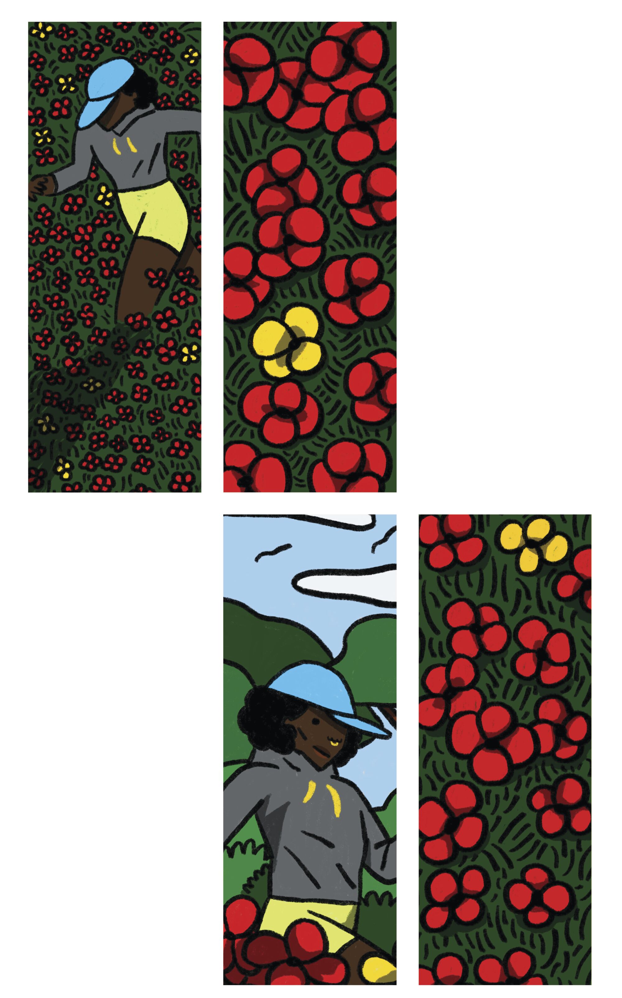 Two illustrations of a person walking outdoors and two of red flowers.