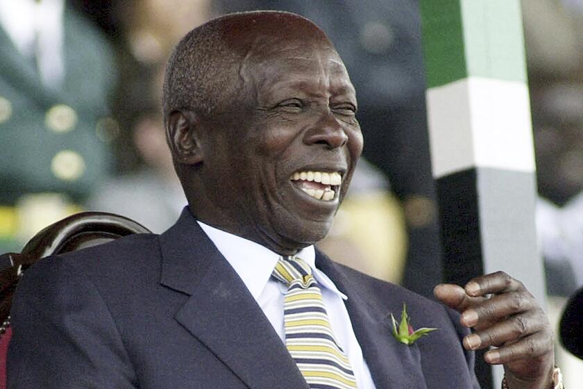 FILE - This Oct. 2002 file photo shows former President of Kenya Daniel arap Moi. Moi, a former schoolteacher who became Kenya’s longest-serving president and presided over years of repression and economic turmoil fueled by runaway corruption, has died. He was 95. (AP Photo/Sayyid Abdul Azim, File)