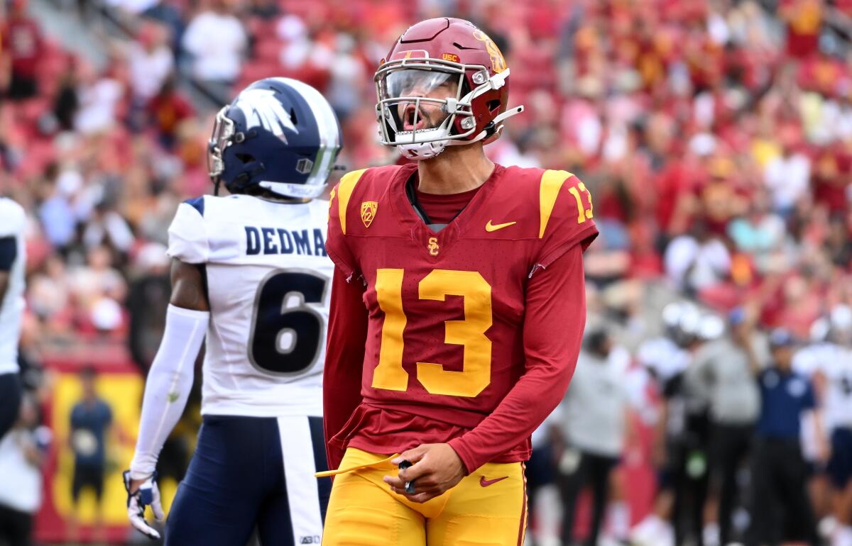 Los Angeles, California September 2, 2023-USC quarterback Caleb Williams celebrates.