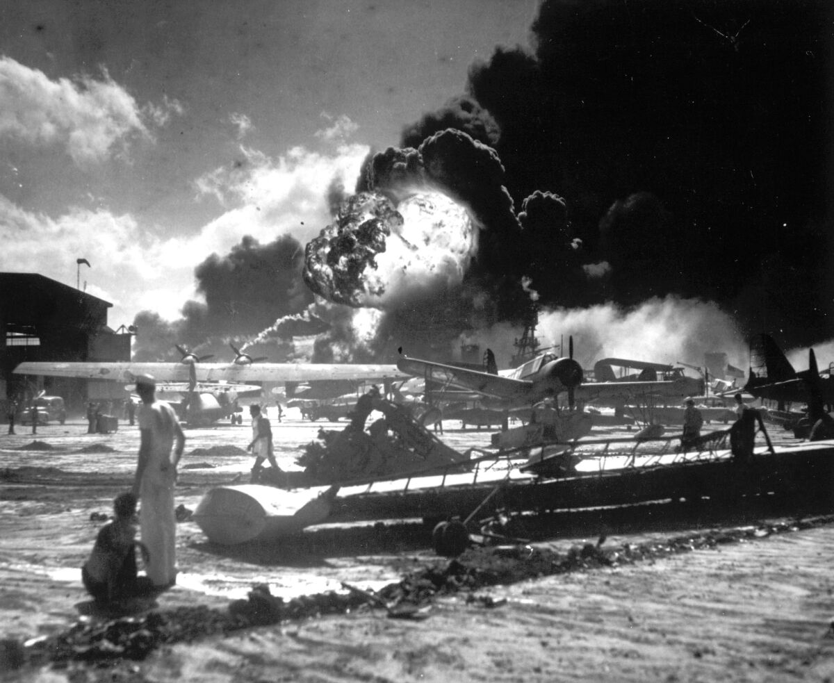 Wrecked airplanes at Ford Island Naval Air Station during the attack on Pearl Harbor, Dec. 7, 1941.