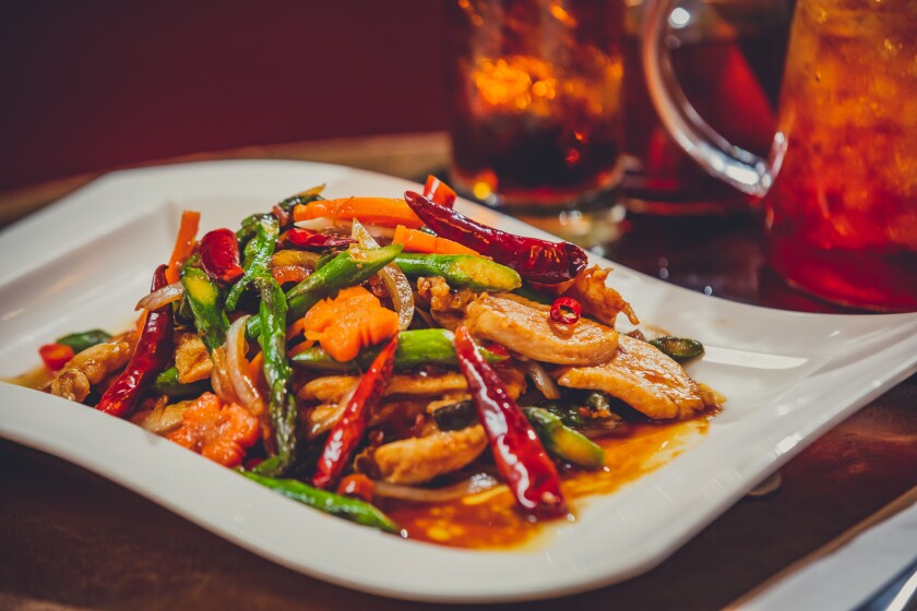 XO Chicken with Asparagus, a new dish on chef Marie Surakul's menu at Bamboo restaurant at Pechanga Resort Casino.
