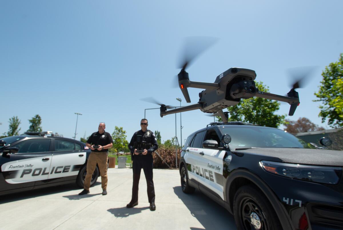 A drone lifts off at Fountain Valley Sports Park.