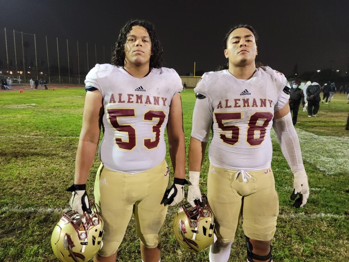 Bishop Alemany junior offensive tackles Aitor Urionbarrenechea and Rhino Tapaatoutai.