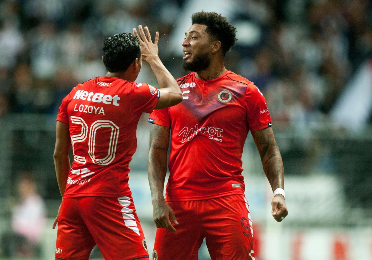 Veracruz Richards Kazim celebrates after scoring against Monterrey during the Mexican Apertura 2019 tournament football, match at the BBVA Bancomer stadium. In Monterrey, Mexico, on November 2, 2019. (Photo by Julio Cesar AGUILAR / AFP) (Photo by JULIO CESAR AGUILAR/AFP via Getty Images) ** OUTS - ELSENT, FPG, CM - OUTS * NM, PH, VA if sourced by CT, LA or MoD **