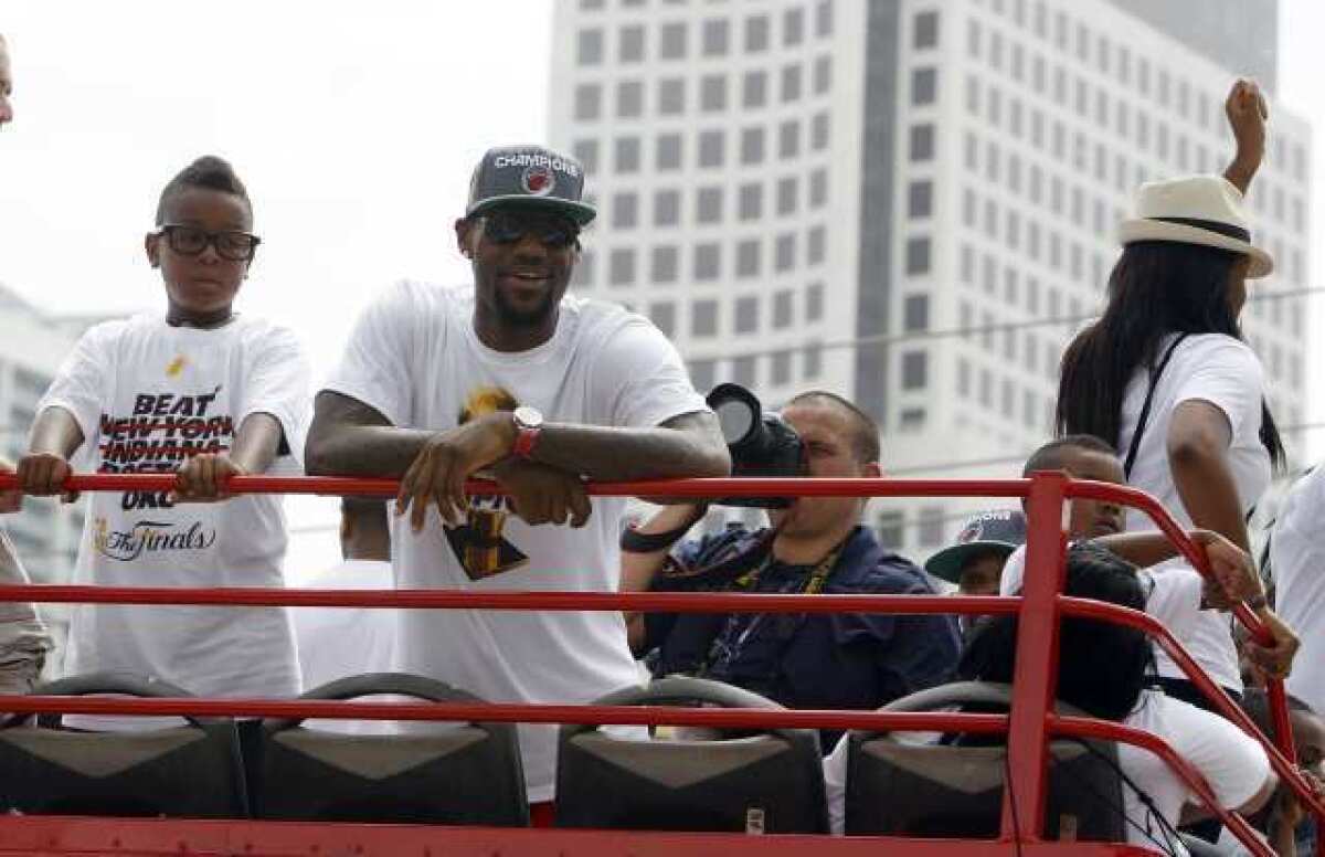 LeBron James celebrates the Miami Heat's NBA championship at the team's victory parade.