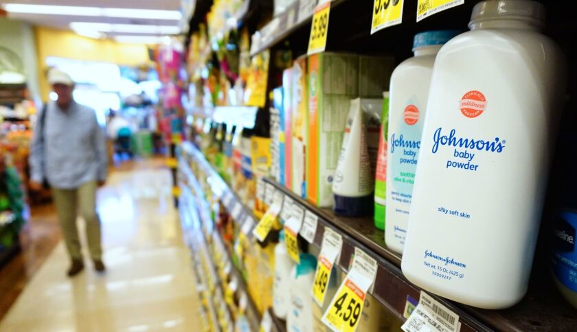 Johnson & Johnson baby powder is displayed for sale at a supermarket in Alhambra.