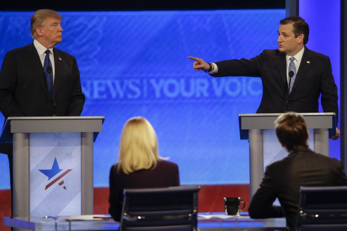 Republican presidential candidate, Sen. Ted Cruz, R-Texas, points at Republican presidential candidate, businessman Donald Trump during a Republican presidential primary debate on Feb. 6, 2016.