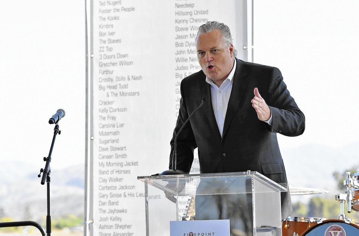 Bret Gallagher, the president of Southern California Live Nation, talks during a news conference to discuss opening a new outdoor amphitheater next to the Orange County Great Park in Irvine on Oct. 18, 2016.