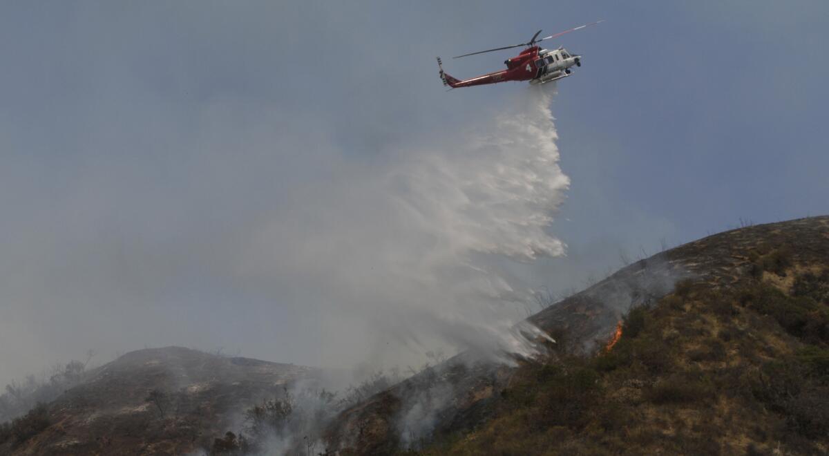 Firefighters battled a brush fire that grew to about 150 acres by Sunday evening in the hills above Brand Park in Glendale.