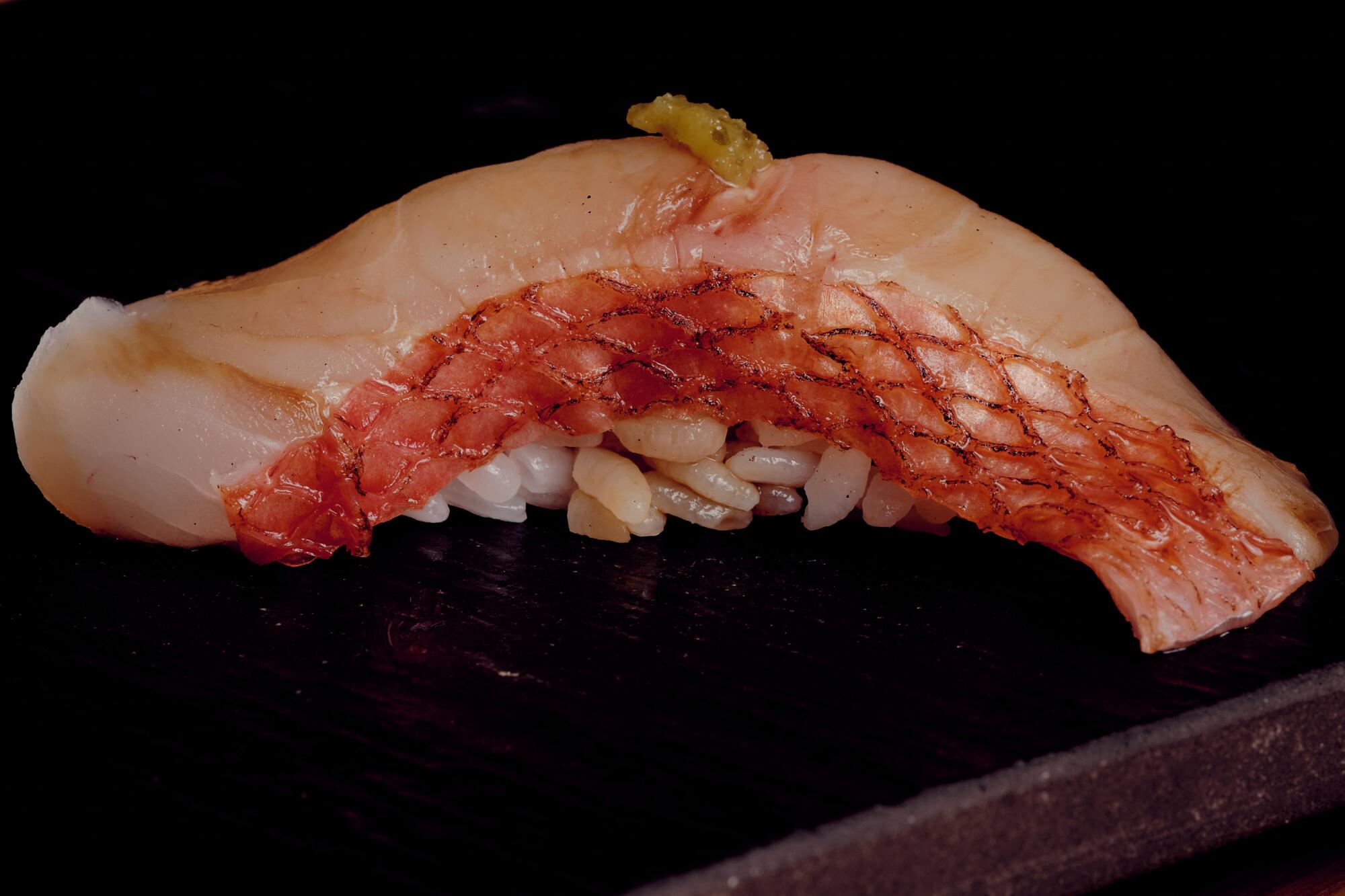 A piece of snapper sushi at Sushi Note in Beverly Hills.