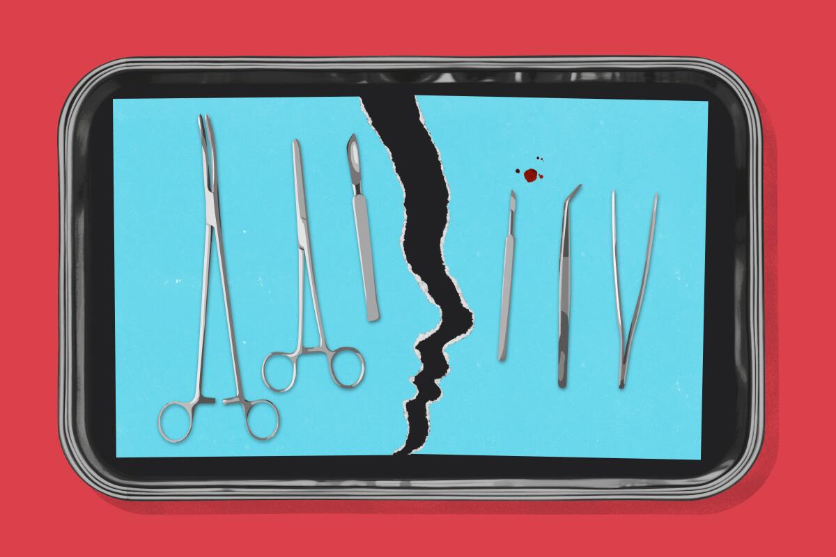 Conceptual illustration shows surgical instruments on a cracked tray. 