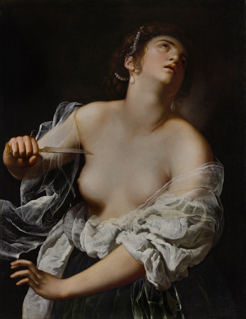 A painting of a bare-chested woman looking upward while holding a dagger