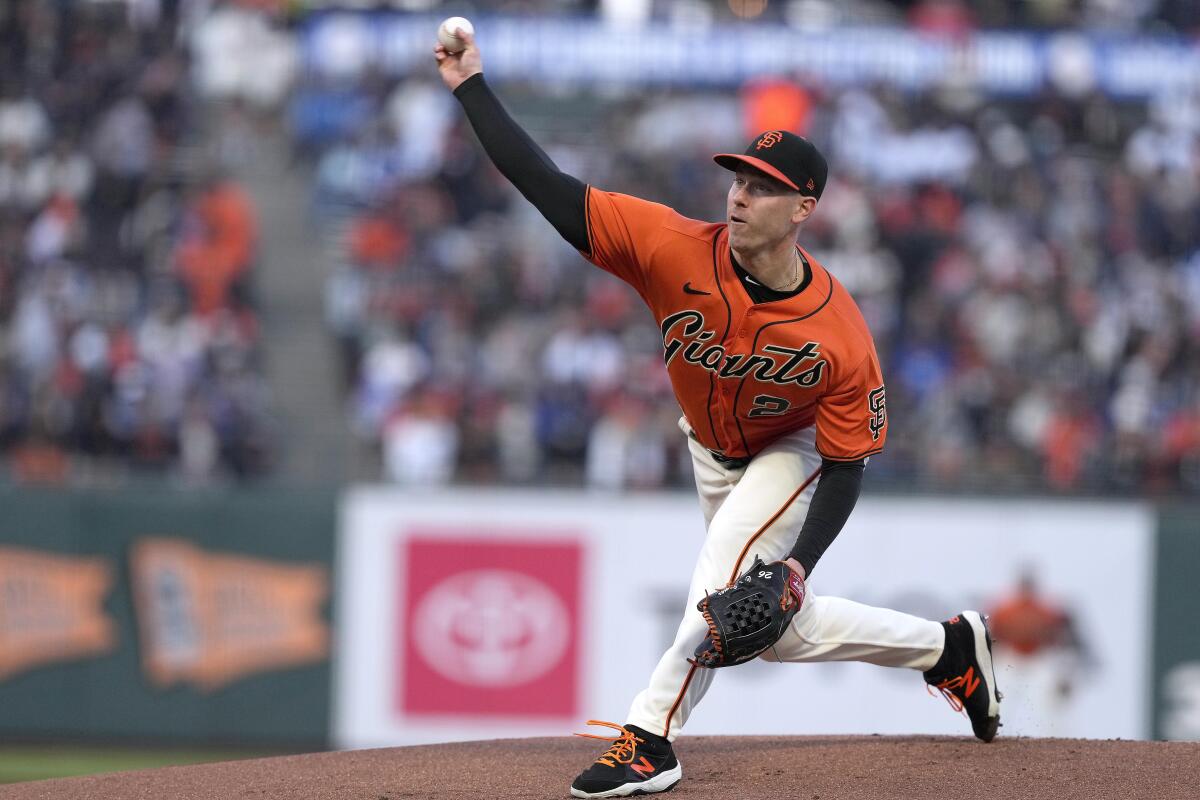 San Francisco Giants starting pitcher Anthony DeSclafani delivers against the Dodgers on Friday.