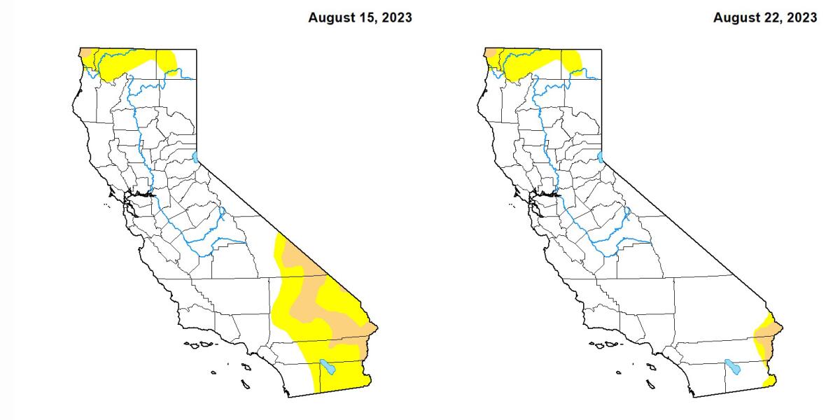 California drought maps show a drop in regions under drought conditions from Aug. 15 and Aug. 22, 2023.