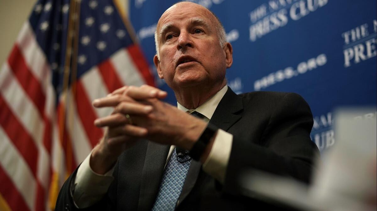 California Gov. Jerry Brown speaks at the National Press Club in Washington, D.C., on Tuesday.