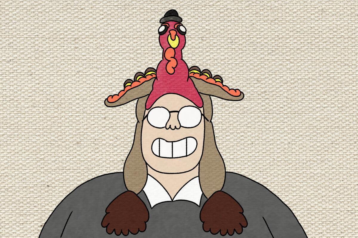 Illustration of Adam Tschorn in a turkey-shaped hat.
