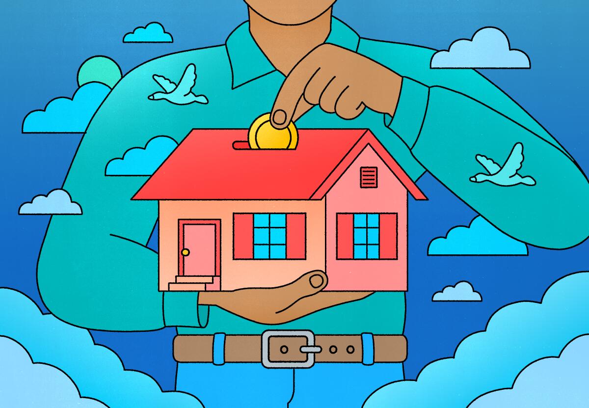 An illustration of a man dropping a coin into a house-shaped piggy bank.