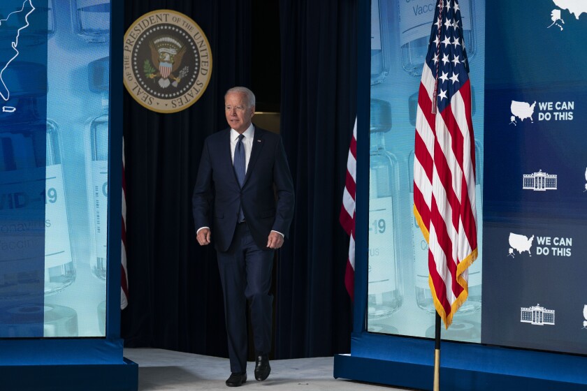 President Joe Biden arrives to deliver remarks about the COVID-19 vaccination program during an event in the South Court Auditorium on the White House campus, Tuesday, July 6, 2021, in Washington. (AP Photo/Evan Vucci)