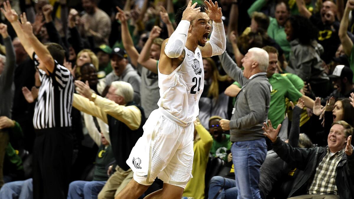 Oregon guard Dillon Brooks reacts after making the game-winning shot against UCLA in a Pac-12 Conference opener Dec. 28.