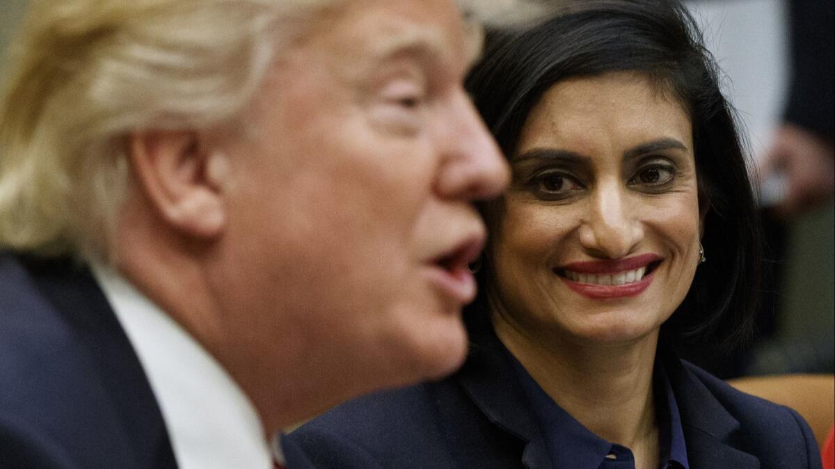Seema Verma, administrator for the Centers for Medicare & Medicaid Services, has vowed to ramp up performance audits of states and health plans. She also has backed Medicaid work requirements. She is shown with President Trump.