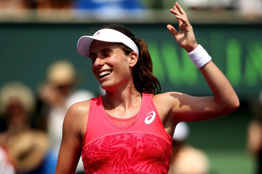 KEY BISCAYNE, FL - APRIL 01: Johanna Konta of Great Britain celebrates after winning match point after the women's singles final match against Caroline Wozniacki of Denmark on day thirteen of the 2017 Miami Open at Crandon Park Tennis Center on April 1, 2017 in Key Biscayne, Florida. (Photo by Julian Finney/Getty Images) ** OUTS - ELSENT, FPG, CM - OUTS * NM, PH, VA if sourced by CT, LA or MoD **