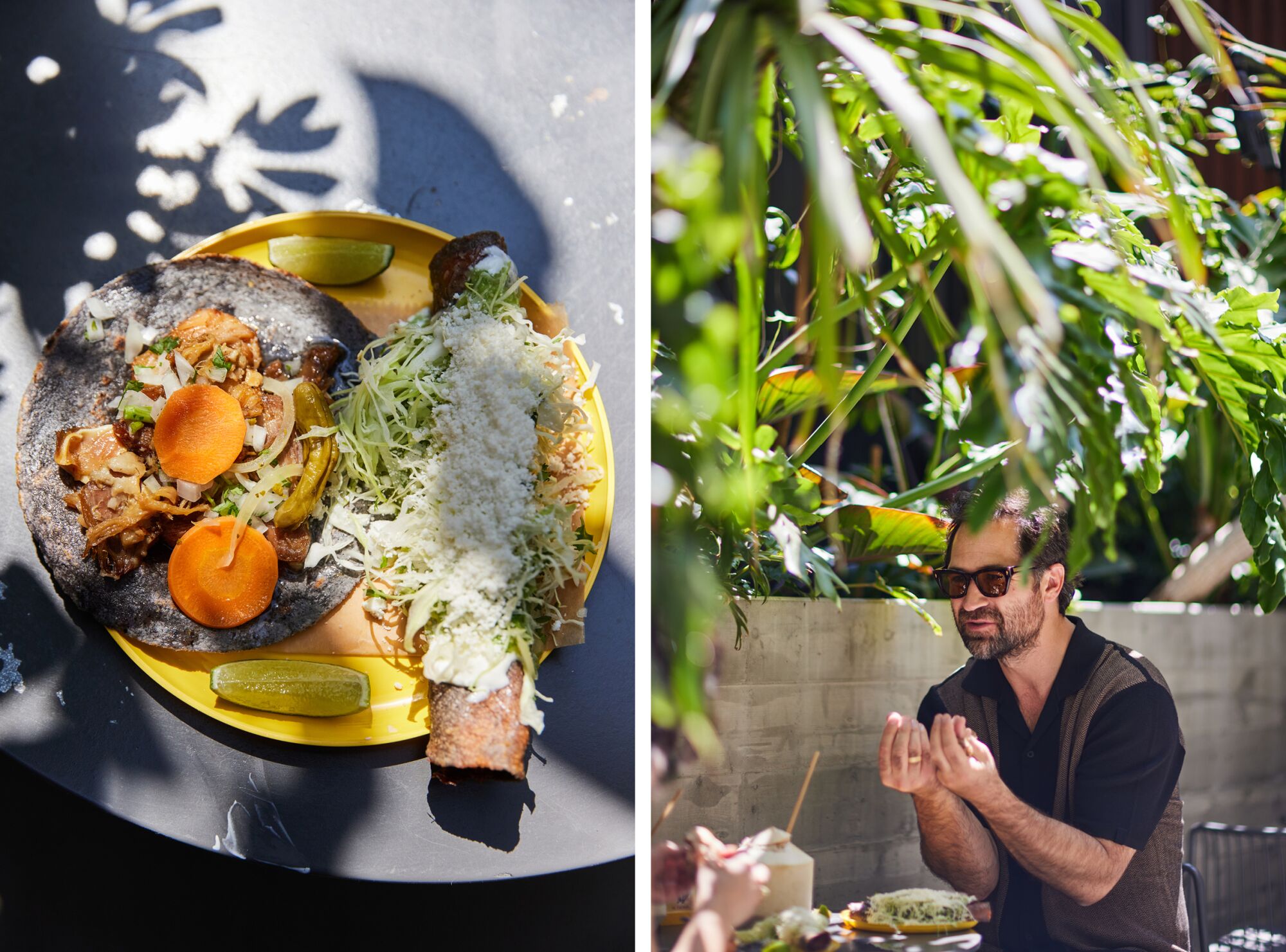 Two photos: food on a yellow plate and Manuel Garcia-Rulfo seated outdoors, partially obscured by greenery.
