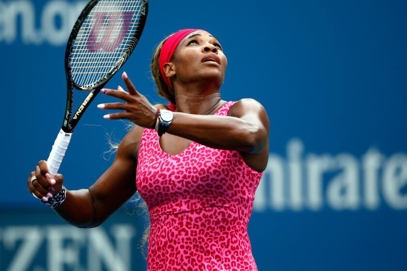Serena Williams prepares to hit an overhead shot during her victory over Kaia Kanepi in the fourth round of the U.S. Open on Monday in New York.