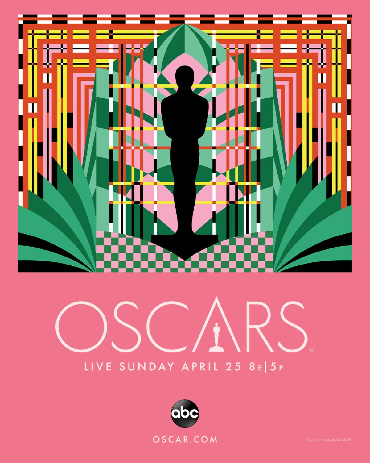 A pink poster design inspired by Art Deco motifs features a silhouette of an Oscar statuette at the center